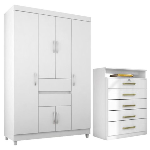 Kit Guarda Roupa Solteiro 6 Portas Ecom Ii Cômoda Triunfo - Branco