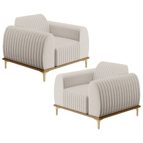 Kit 02 Poltronas Decorativas Base De Madeira Com Pés D'Ouro Molino D02 Linho Cru C-443 - Lyam Decor