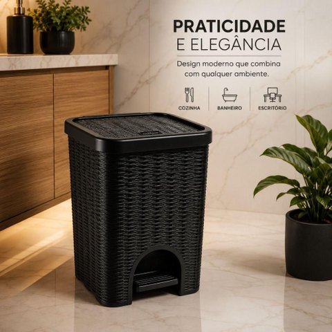 Lixeira Vime Luxo 12L Preta Cesto Lixo Pedal 12 Litros Rattan Cozinha Banheiro Lavabo Escritorio Res