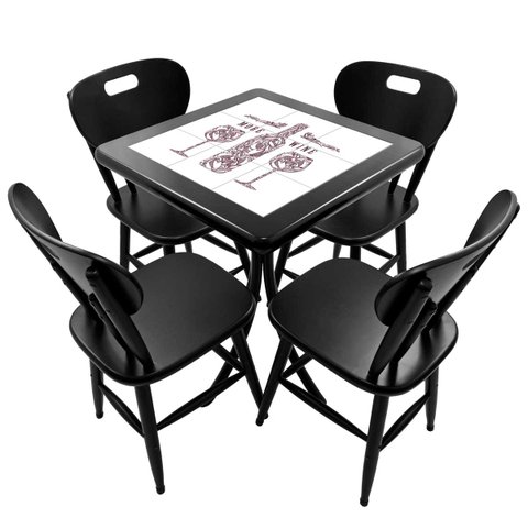 Conjunto Mesa Madeira Azulejo 60x60cm - Bistrô Fixa 78cm + 4 Cadeiras 43 - Preta - More Wine