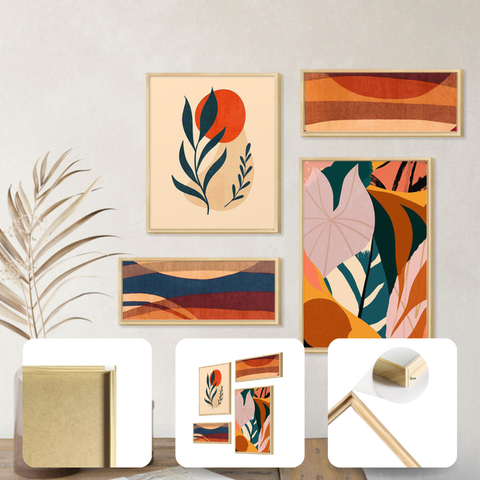Composição de 4 Quadros Abstrato Boho Laranja Decorativo