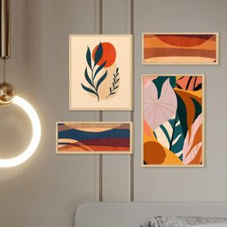 Composição de 4 Quadros Abstrato Boho Laranja Decorativo - 4
