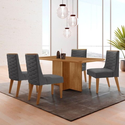 Mesa Olimpia 120 Mdf com 4 Cadeiras Safira Veludo Grafite/naturalle/naturalle