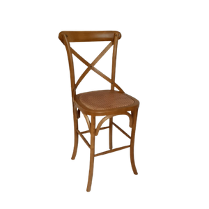 Banqueta Katrina Cross Paris em Madeira. Encosto em X. Assento Fixo em Rattan Natural. Cor Natural