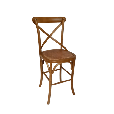 Banqueta Katrina Cross Paris em Madeira. Encosto em X. Assento Fixo em Rattan Natural. Cor Natural