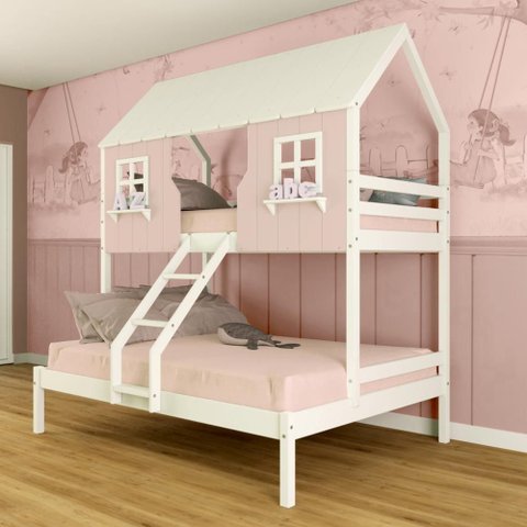 Beliche Casal/ Solteiro Casinha Encantada Madeira Maciça Rosa/ Branco Megamobilia