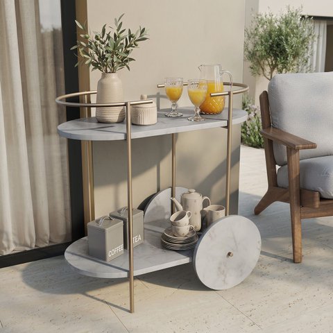 Carrinho Bar Multiuso Orla para Bebidas, Café, Bar, com Design Orgânico em Metal Dourado