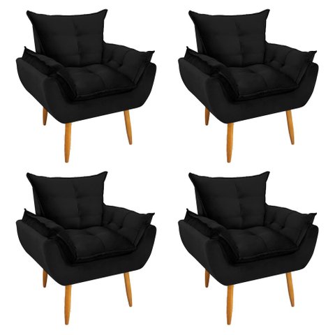 Kit 4 Poltronas Decorativa Opala Pés Palito Veludo Preto Chamby Móveis