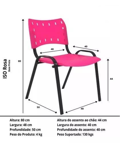 Kit Com 6 Cadeiras Iso Para Escola Escritório Comércio Rosa Base Preta - 4