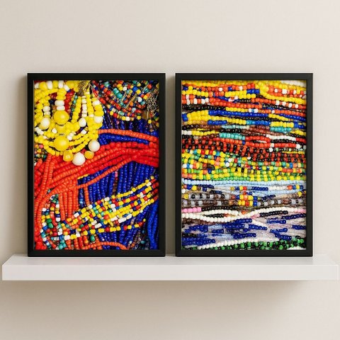 Kit 2 Quadros Candomble Umbanda - Guias e Contas 45x34cm - com Vidro:moldura Preta