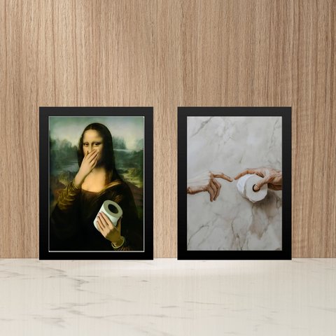 Kit 2 Quadros Divertidos Banheiro - Paródia Pinturas 45x34cm:moldura Branca