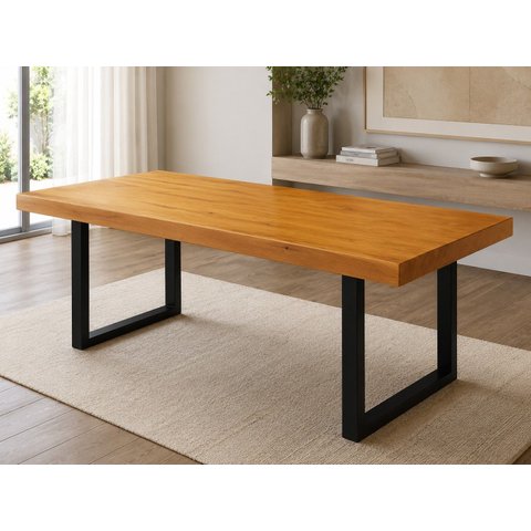 Mesa de Tronco Bordas Retas Prancha Única Cor Mel Pés Aço Carbono 100cm Largura:Comprimento 160cm X 