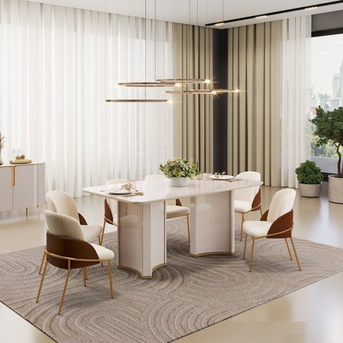 Conjunto Sala de Jantar Liz Tampo com Vidro Retangular 180cm com 6 Cadeiras Vitta Bege/Off White/Terracota/Perola