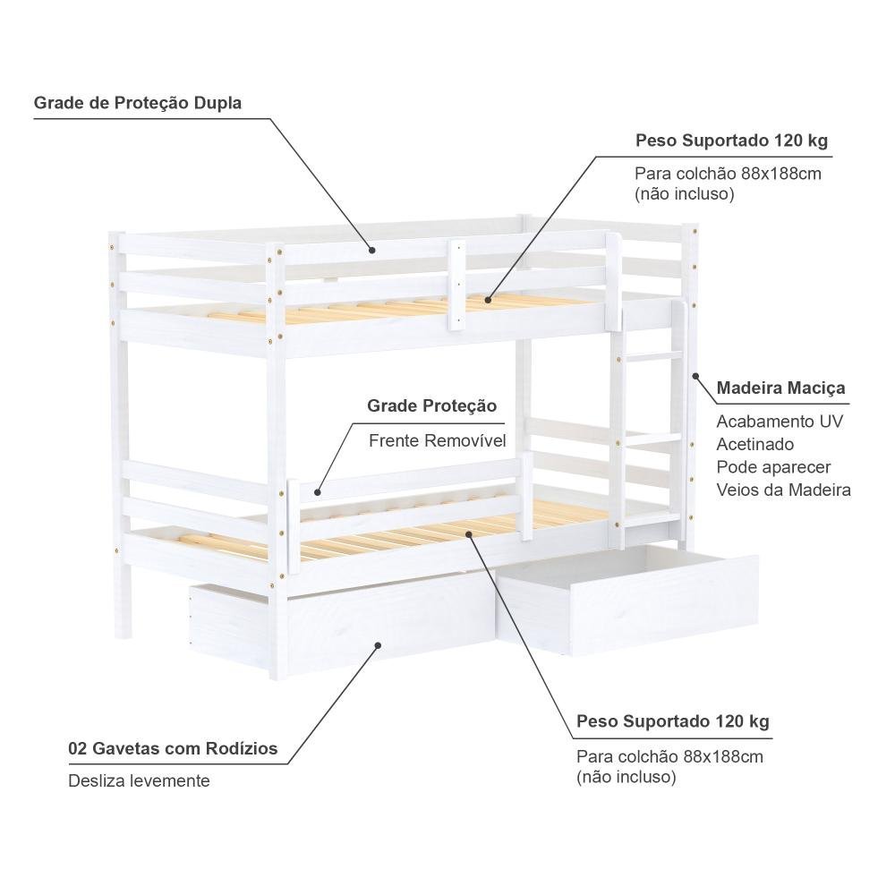 Beliche Solteiro Slim com 02 Gavetas e Grade de Proteção Madeira Maciça Branco Housin - 5