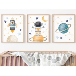 Kit 3 Quadros Astronauta Planeta Foguete Quarto Infantil