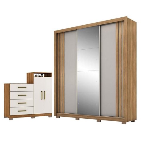 Guarda Roupa Casal Moema Amêndola Nude Flex com Espelho e Pés e Cômoda Sapateira Aurea com Pés