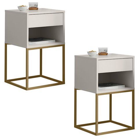 Kit 02 Mesas de Cabeceira Industrial Pé de Aço 1 Gaveta 1 Nicho - Off White/pé Dourado - Lh Móveis