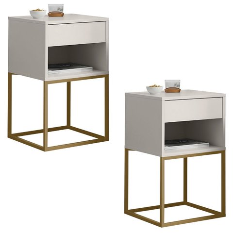 Kit 02 Mesas de Cabeceira Industrial Pé de Aço 1 Gaveta 1 Nicho - Off White/pé Dourado - Lh Móveis