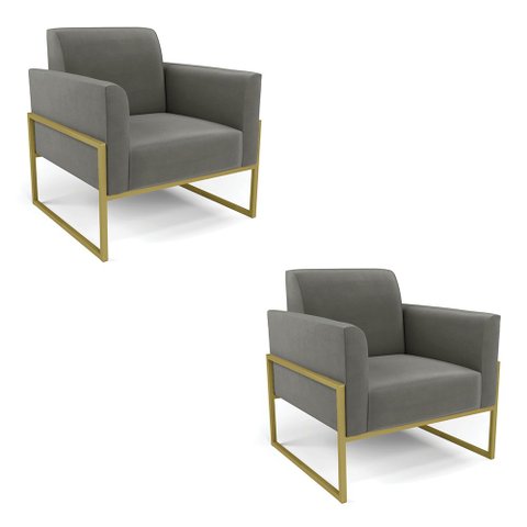 Kit 2 Poltronas Base Industrial Alta Dourado Marisa Suede Grafite D03 - D’Rossi