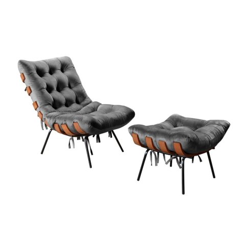 Poltrona Costela com Puff Cor:Veludo Cinza 220