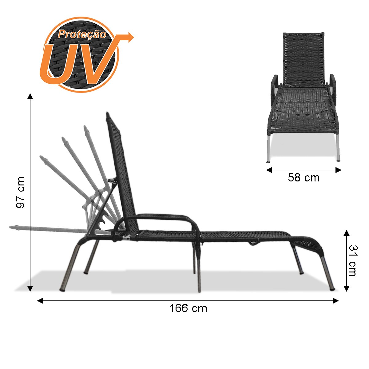 Kit 2 Espreguiçadeiras Reclinável Alumínio Madrid Preta - 5