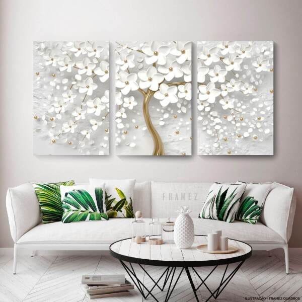 Quadro Decorativo Flor Cerejeira Branca Artístico Grande 180x90 em Tecido Canvas - Framez