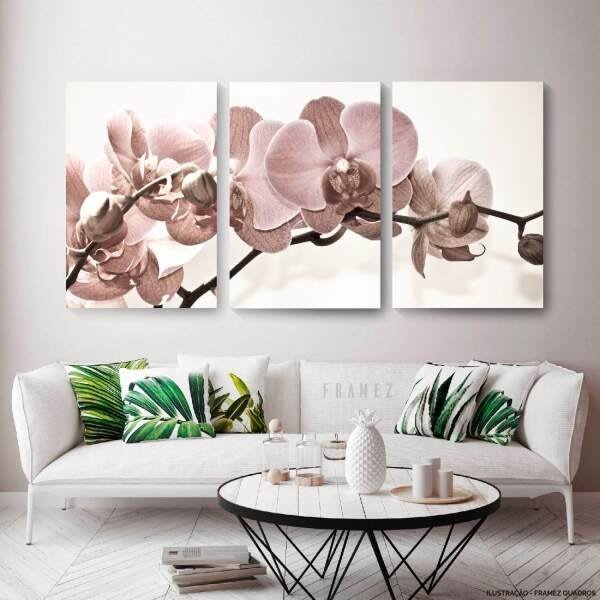 Quadro Flores Orquídeas Bege Grande 180x90 para Sala Recepção Apê em Canvas Conjunto 3 Peças