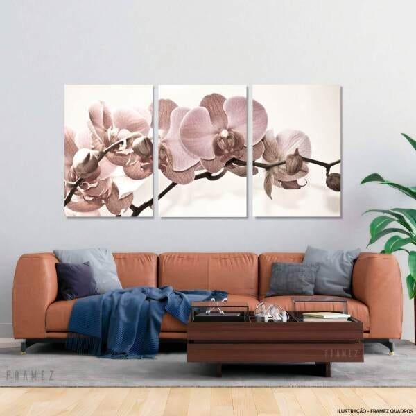 Quadro Flores Orquídeas Bege Grande 180x90 Para Sala Recepção Apê em Canvas Conjunto 3 Peças - 2