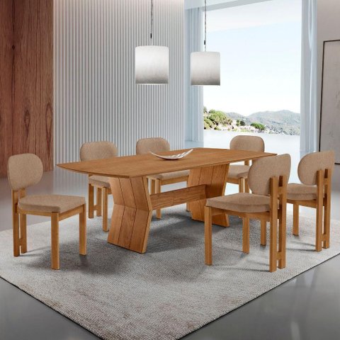 Mesa Portugal Tampo Laminado Barril 6 Cadeiras Nala Mobília Atacama/Imbuia Nat/Cinam. Imbuia