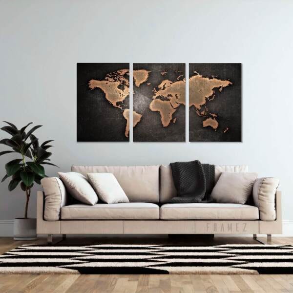 Quadro Mapa Mundi Grande para Sala Apê Escritórios Decorativo em Canvas 150x75
