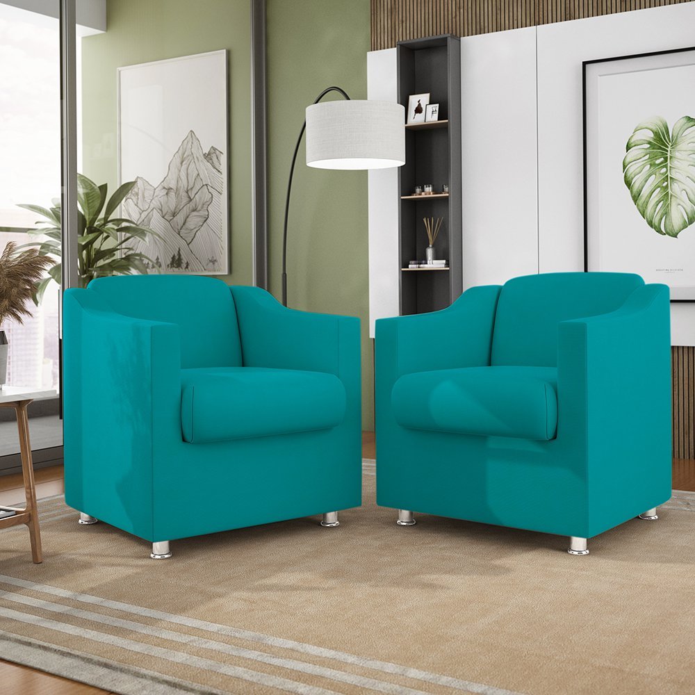 Cadeira Poltrona Decorativa Recepção Hospital Tecido Suede Cor:Azul Turquesa - 2