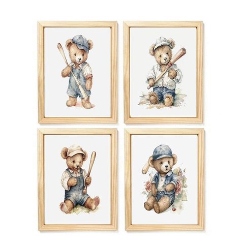 Kit Quadro Urso Baseball Decorativo Quarto Criança Bebê Enxoval Menino