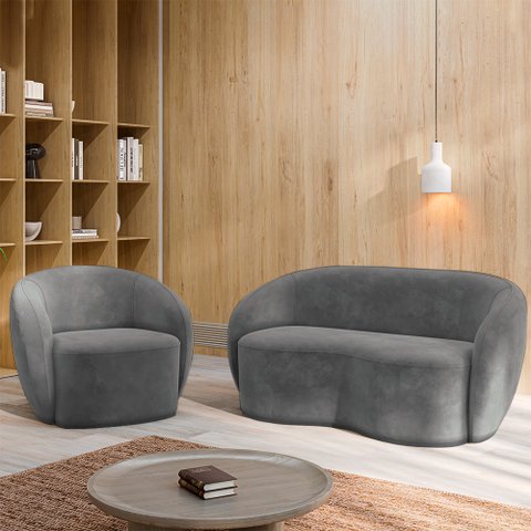 Conjunto 1 Sofá Living 180cm e 1 Poltrona Decorativa Sala de Estar Íbis Encosto Fixo Veludo Grafite 