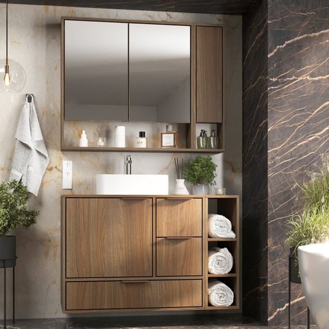 Conjunto para Banheiro Modulado 802 com Cuba e Espelheira 100cm Prime Yescasa Marrom/Noce