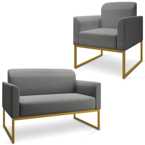 Conjunto Namoradeira e Poltrona Decorativa Isabella Base Industrial Linho Grafite/Dourado - Gran Bel