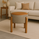 Ver imagem 1 de Puff Banqueta Redondo Zoe Corino Caramelo e Linho Bege Decorativo Base de Madeira - Arkell