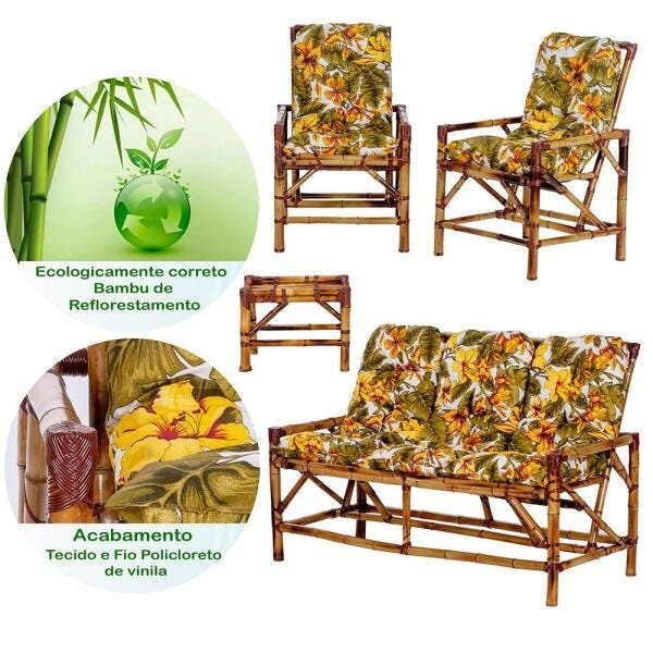 Conjunto de Sofá 3 Lugares com 2 Cadeiras e Mesinha de Bambu Cancun para Area Edicula Jardim G01 - 3