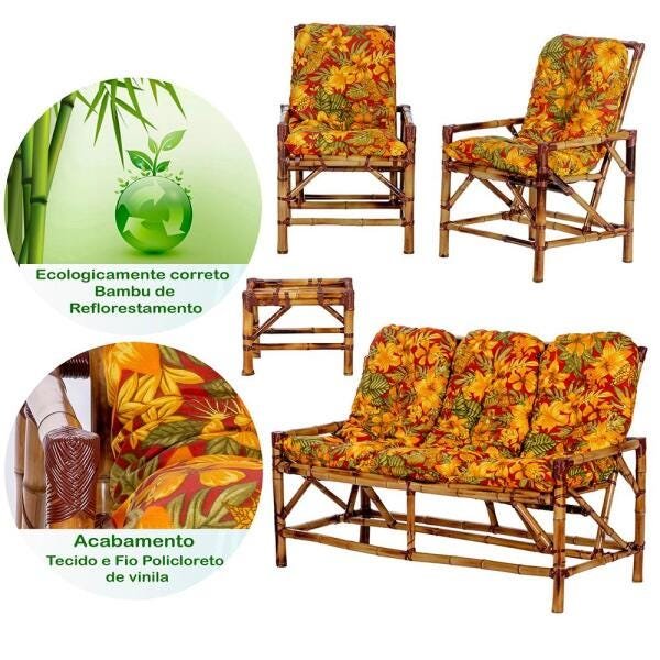 Conjunto de Sofá 3 Lugares com 2 Cadeiras e Mesinha de Bambu Cancun para Area Edicula Jardim G02 - 3
