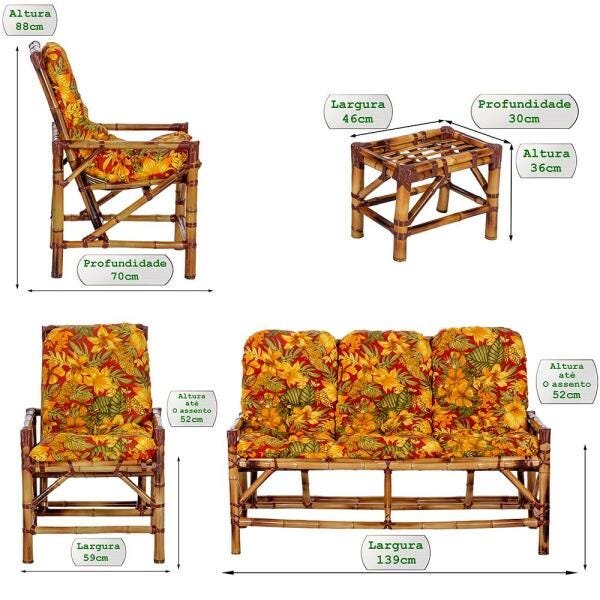 Conjunto de Sofá 3 Lugares com 2 Cadeiras e Mesinha de Bambu Cancun para Area Edicula Jardim G02 - 2