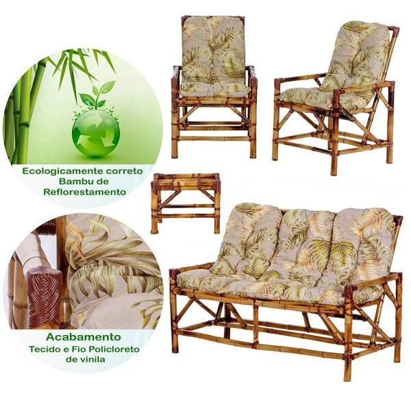 Conjunto de Sofá 3 Lugares com 2 Cadeiras e Mesinha de Bambu Cancun para Area Edicula Jardim G05 - 3