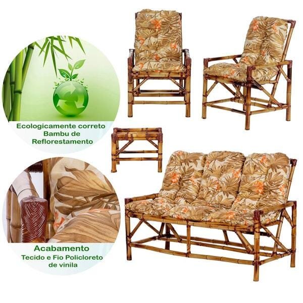 Conjunto de Sofá 3 Lugares com 2 Cadeiras e Mesinha de Bambu Cancun para Area Edicula Jardim G07 - 3