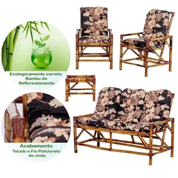 Conjunto de Sofá 3 Lugares com 2 Cadeiras e Mesinha de Bambu Cancun para Area Edicula Jardim G22 - 3
