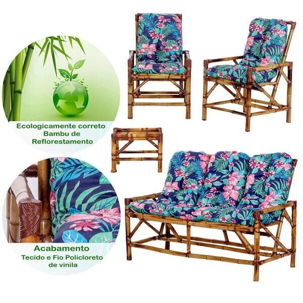 Conjunto de Sofá 3 Lugares com 2 Cadeiras e Mesinha de Bambu Cancun para Area Edicula Jardim G23 - 3