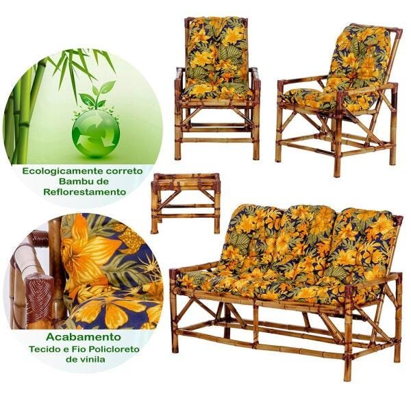 Conjunto de Sofá 3 Lugares com 2 Cadeiras e Mesinha de Bambu Cancun para Area Edicula Jardim G27 - 3