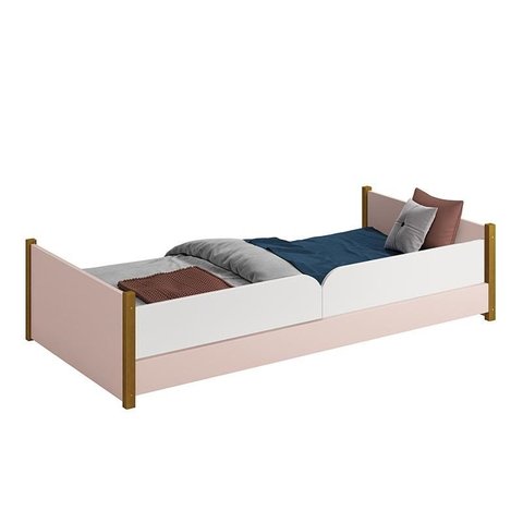 Cama Evolutiva Ravi Rosa com Pés Amadeirado, Proteção Lateral Lisa e Colchão D33 - Reller Móveis