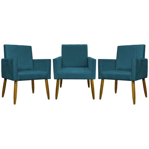 Kit 3 Poltronas Decorativas Confortáveis Mari - Azul-marinho Suede