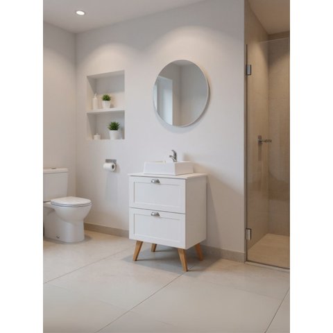 Gabinete para Banheiro com Tampo Cuba e Espelho Redondo 60cm Retro Mdf Branco Milano - On Móveis