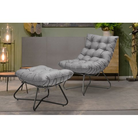 Poltrona Costela Decorativa com Puff Eva Preto - Linho Cinza