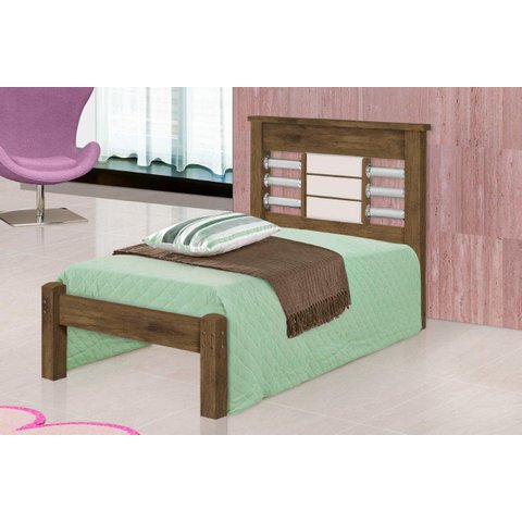 Cama Rai Solteiro com Cabeceira com Detalhes Cromados 100% Mdf e Estrado em Madeira Cor Jequitiba/of
