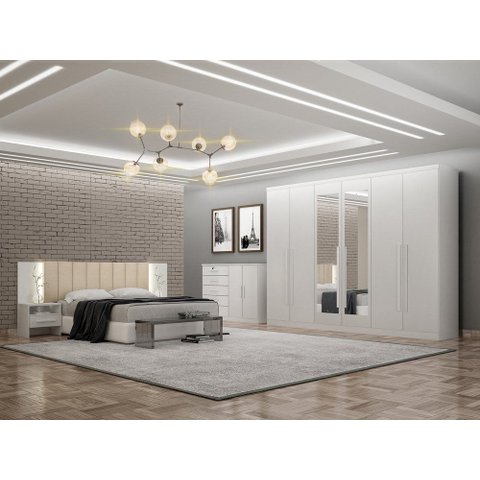 Guarda Roupa Casal Royal 6 Gavetas com Espelho Novo Horizonte Neve